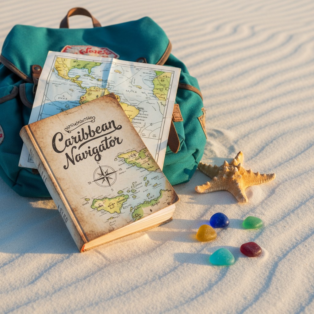 This image presents a beachescape featuring a backpack, sea glass pieces, a starfish, and an old-fashioned Caribbean Navig...